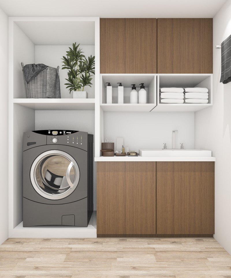 Foto de uma lavanderia pequena de apartamento | Móveis para imóveis enxutos | Blog da Tenda