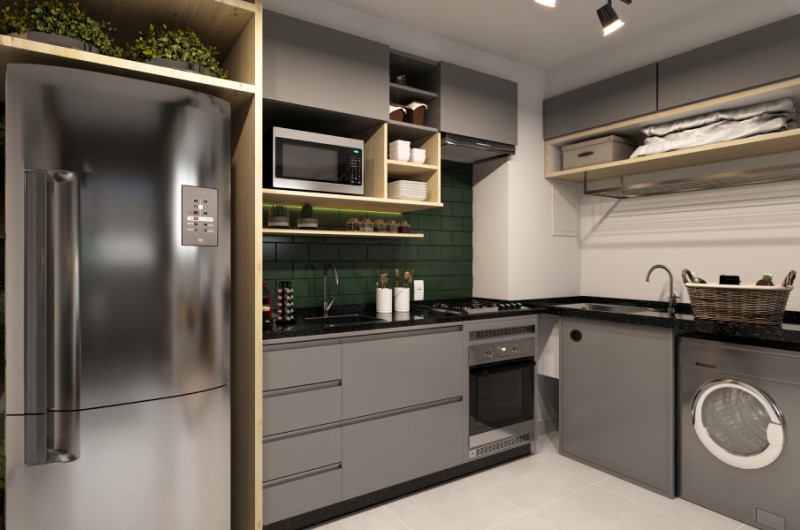 Aposte em móveis planejados ou modulados | Cozinha moderna com armários cinza e lavanderia integrada | Casa e Decoração | Blog da Tenda 