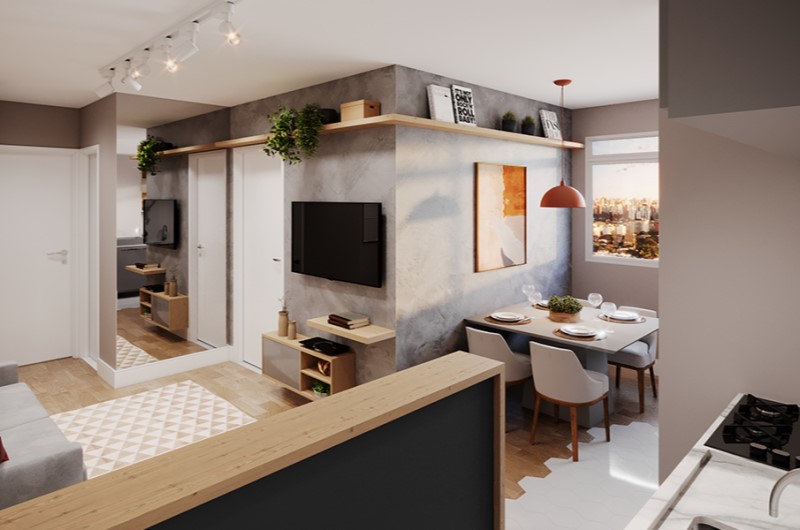 Apartamentos convencionais | Vista de sala e cozinha de apartamento integrado, decorado com tons neutros | Trilha da Conquista | Blog da Tenda 