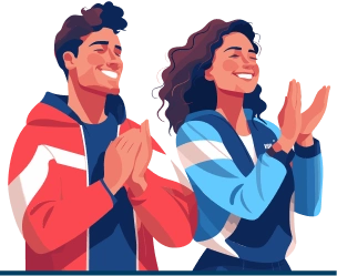 Ilustração de duas pessoas sorrindo e batendo palmas | Simulador de subsídio Tenda | Tenda.com